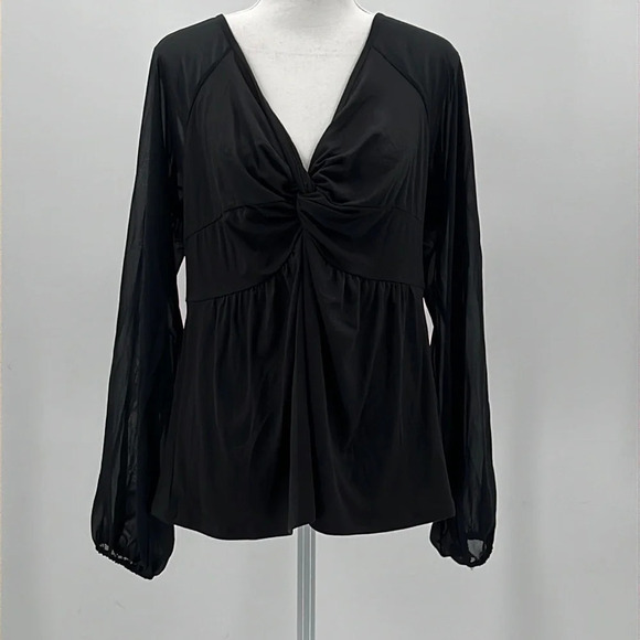 Bobeau Twist Knot Sheer Balloon Long Sleeve Top in Black - NWOT - Medium - Picture 1 of 6